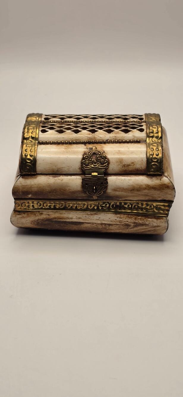 Vintage Camel Bone Trinket Box with Brass Inlay, Ornate Hinged Jewelry Chest